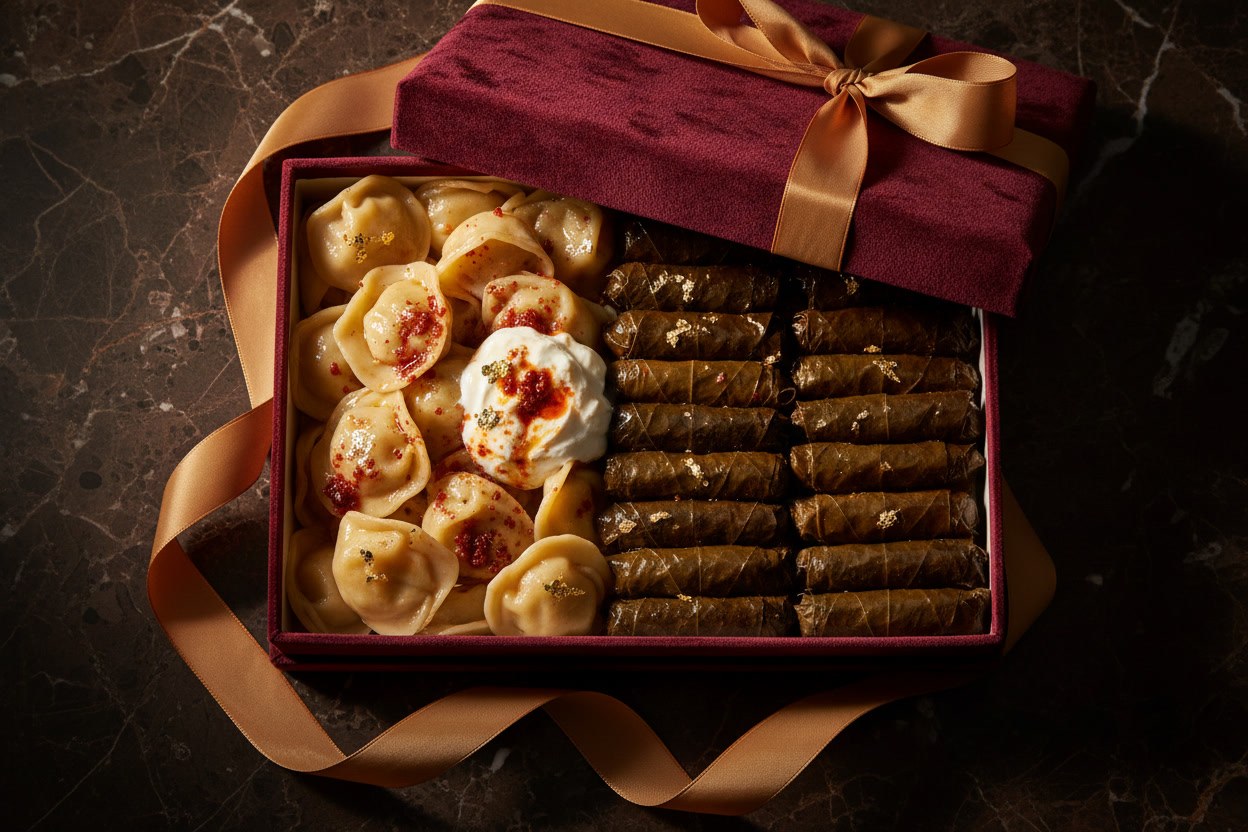 Bordo kadife kutuda el emeği mantı ve dolma hediye tepsisi, tepeden çekim